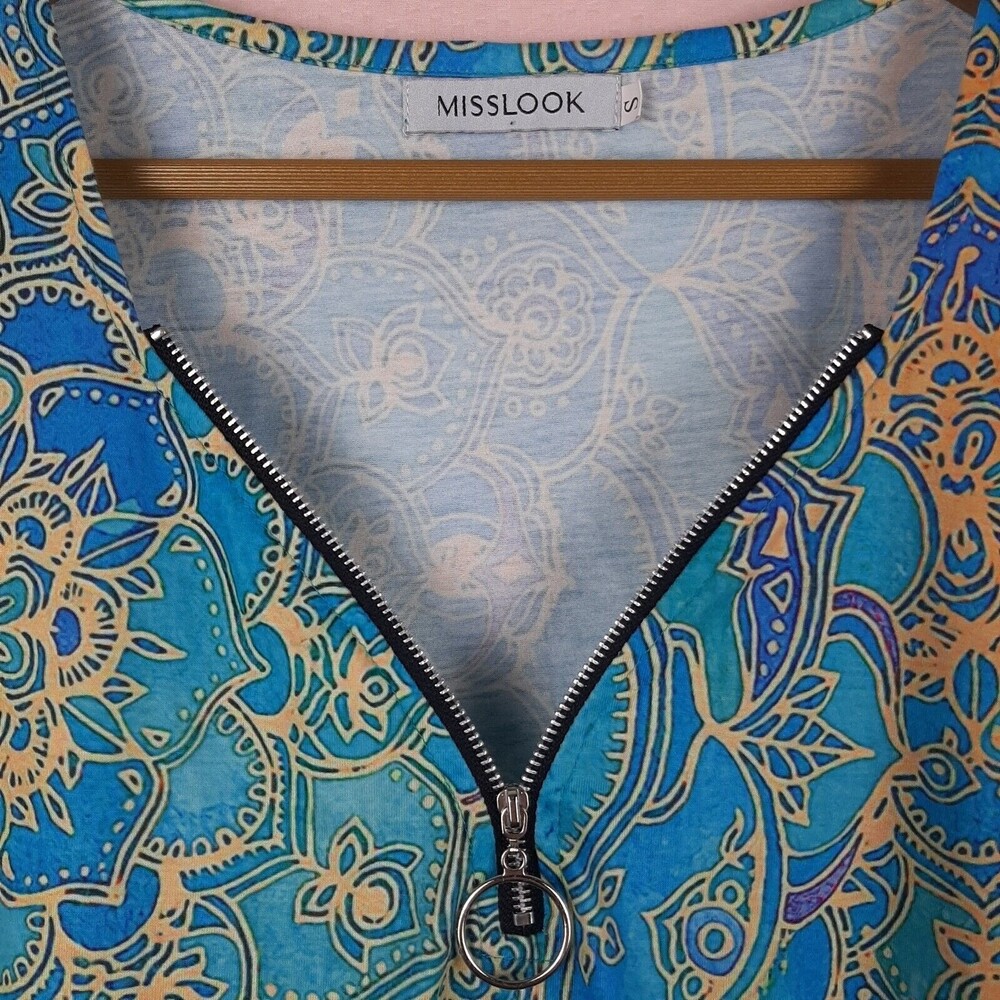 Misslook Women T Shirt Blue Floral Top Zip V Neck Short Sleeve Cotton Blend Sz S - Picture 4 of 12